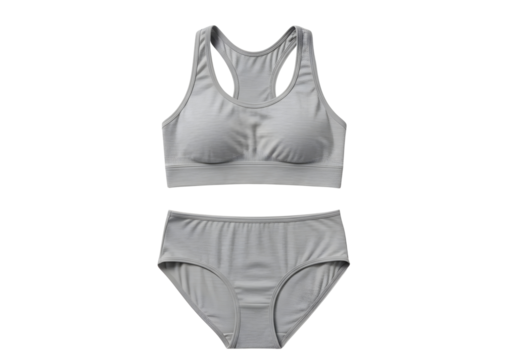Gray lace trimmed sports bra and high waisted panty set isolated on transparent background - Powered by Adobe