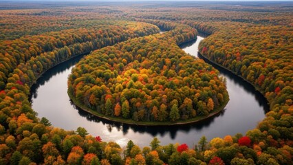 Scenic aerial view of a winding autumn river and forest