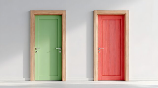 A conceptual image showcasing a vibrant green door and a striking coral pink door within a minimalist interior representing divergent paths and the act of making a critical decision