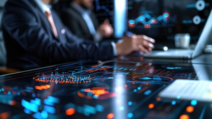 Modern Data Visualization and Analytics in Office Environment with Business Professionals Engaged in Analysis and Discussion