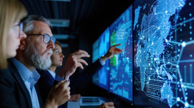 Analyzing Data Insights with Professionals in Modern Office using Advanced Technology and Interactive Displays