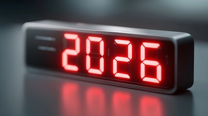 Close up of a modern digital alarm clock with illuminated red LED digits showing the year 2026 symbolizing progress and anticipation for future events