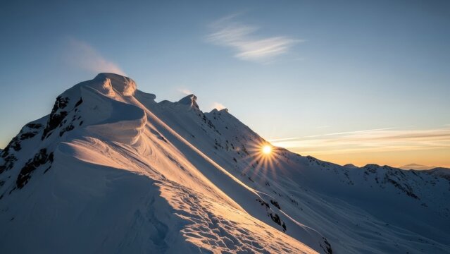 Golden hour light on majestic snowy mountains
