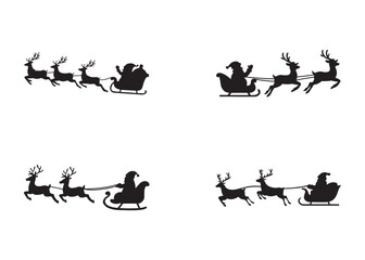 santa flying in sleigh with reindeer logo silhouette vector, santa's sleigh silhouette vector illustration, christmas night sky sleigh and reindeer flying logo silhouettes vector on white background