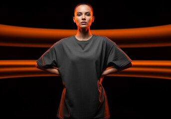 Confident young woman with buzz cut wearing blank grey t-shirt mockup, posing with hands on hips against futuristic neon orange light streaks, dramatic cinematic studio portrait.