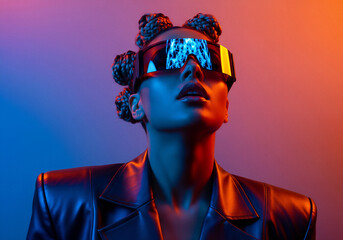 Futuristic fashion model wearing digital visor sunglasses and leather jacket, posing in neon blue and orange cyberpunk studio lighting.