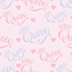 Soft Pastel Queen Lettering with Crowns and Hearts Seamless Background