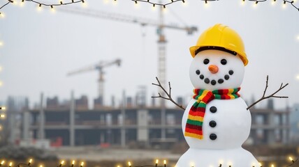 Snowman in yellow hard hat and festive scarf on construction site, blurred cranes and building process on background, copy space. Christmas card, banner for real estate development, sales on holidays