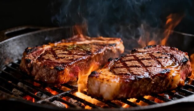 Juicy ribeye steaks searing on a hot grill with flames and smoke