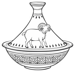 Ram Inside a Tagine Pot with Geometric Design, Decorative Vector Illustration