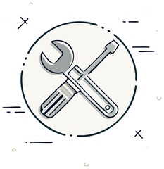 Illustrated Screwdriver and Wrench Crossed in Circle Mechanical Repair Tools
