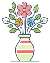 Charming cartoon bouquet of colorful flowers with green leaves in a cute striped vase illustration