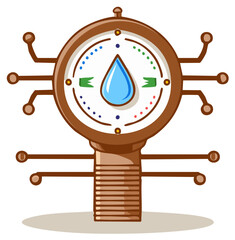 Steampunk water level gauge with a drop symbol and intricate pipes