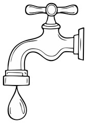 Outline drawing of water tap with a single drop of water, water crisis concept