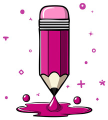 Vibrant pink pencil with eraser dripping paint forming a colorful artistic puddle