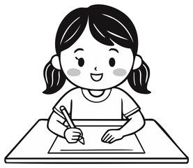 Cheerful cartoon girl with pigtails focused on writing at her school desk with a pen and paper