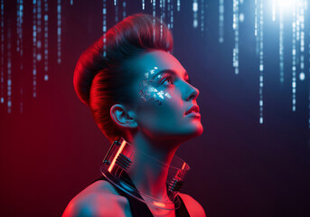 Futuristic cyborg woman looking up at falling digital data stream, visualizing virtual reality with neon lighting and cyberpunk makeup.