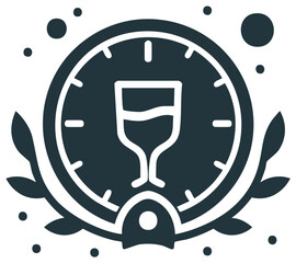 Wine Glass Inside Clock Surrounded by Leaves and Dots Depicting Happy Hour Minimalist Style