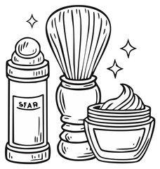 Hand-drawn outline illustration of a classic men's shaving kit with brush, cream, and aftershave