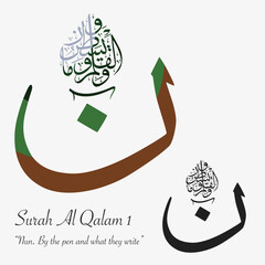 Elegant Islamic vector calligraphy of Surah Al Qalam verse 1 meaning &ldquo;Nun. By the pen and what they write&rdquo;. Perfect for wall art, posters, spiritual and religious design projects.