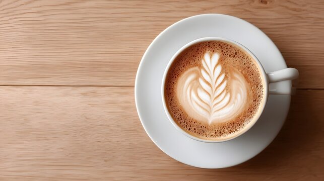 Overhead view of a porcelain cup filled with frothy coffee and detailed leaf patterned latte art resting on a saucer on a light wood grain surface - Powered by Adobe
