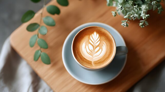 A beautifully crafted latte with delicate milk foam art sits on a blue saucer atop a rustic wooden board complemented by fresh green leaves and small white blossoms
