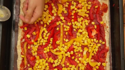Pizza, cooking, preparing delicious homemade vegetarian food on a baking tray