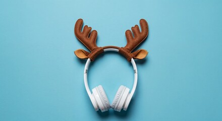 White wireless headphones with brown reindeer antlers on blue background