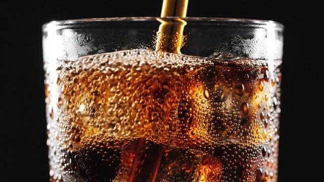 Refreshing closeup of a carbonated cola drink being poured into a glass with ice cubes creating effervescent bubbles and a frothy head perfect for illustrating refreshment and beverages. - Powered by Adobe