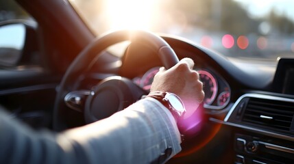 Close up of a sophisticated driver s hand on the wheel of a modern luxury vehicle illuminated by intense sunlight creating flares and a warm glow
