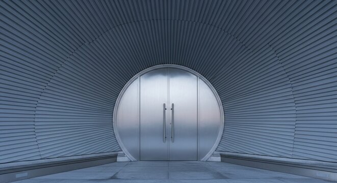Futuristic circular metallic door in modern architectural setting - Powered by Adobe