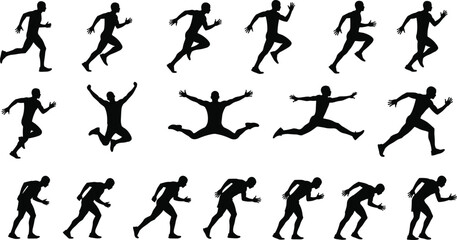 Collection of black male runner silhouettes in various running jumping and celebrating poses
