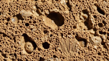 Ancient marine fossils embedded in sedimentary rock surface