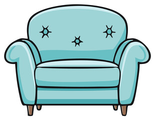 Illustration of a light blue cartoon couch with dark lining, brown legs, and button decorations