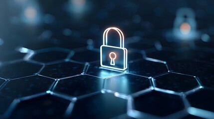 Glowing neon padlock icon set against a dark interconnected hexagonal network background representing digital security privacy and system protection concepts