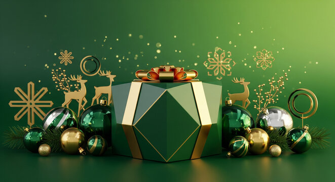 A luxurious green and gold faceted gift box surrounded by Christmas ornaments, snowflakes, and reindeer on a green background.