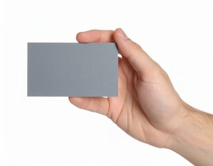 Hand holding an empty business card over white background, presentation mock up template