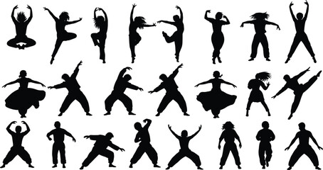 Collection of black silhouettes of people in various dynamic dance and martial arts poses