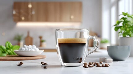 Obraz premium A stimulating cup of rich espresso topped with golden crema served in a double walled glass mug on a bright kitchen counter with fresh mint leaves sugar cubes and coffee beans