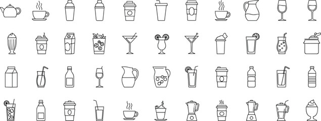 Collection of line art icons depicting various beverages and drinkware vector
