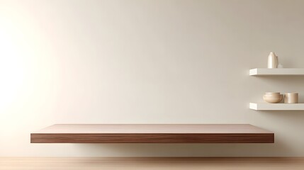 Clean and contemporary minimalist interior scene with a prominent floating wooden platform and two wall shelves holding simple decor items set against a light neutral wall