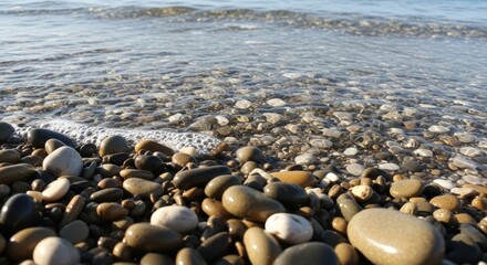 Calm ocean waves gently washing over a rocky shoreline at sunset