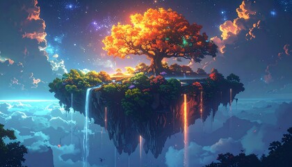A mesmerizing, celestial island floats amidst the clouds. A radiant, golden tree crowns the landscape, cascading waterfalls below