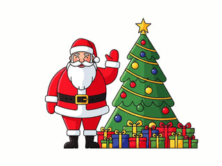 Cartoon illustration of Santa Claus waving next to a decorated Christmas tree with gifts underneath, on a white background.
