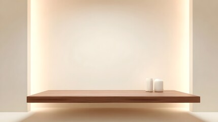 Modern minimalist interior design a smooth wooden shelf with two white decorative objects highlighted by soft warm ambient lighting in a clean wall niche