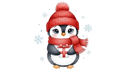 A cute cartoon baby penguin wearing a red knitted winter hat and scarf while holding a small gift box with a ribbon.