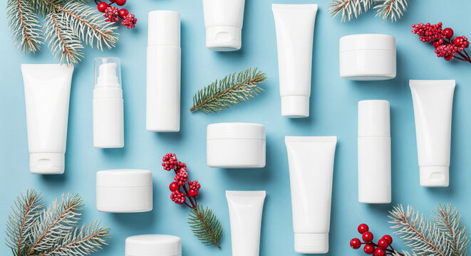 Essential winter skincare and beauty products artfully arranged with festive holiday decorations on a clean blue background, perfect for seasonal self-care routines