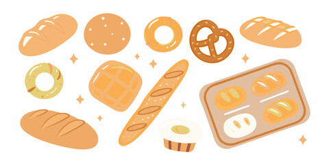 Collection of freshly baked bread and pastries illustration