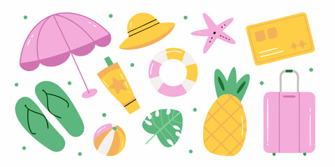 Summer holiday essentials vacation items illustration on white background