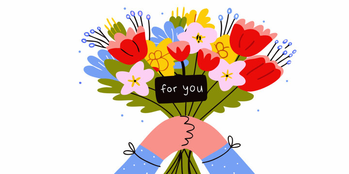 Hands holding a colorful bouquet of flowers with a for you message